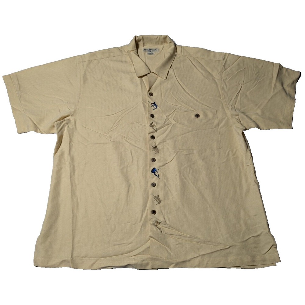HOOK & TACKLE Men XL Khaki‎ Rayon MARLIN SAILFISH Embroidered Placket Camp Shirt